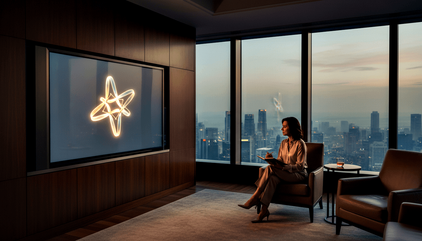 Woman in light blouse and wide-leg trousers sits cross-legged in leather armchair near floor-to-ceiling windows with twilight city skyline.