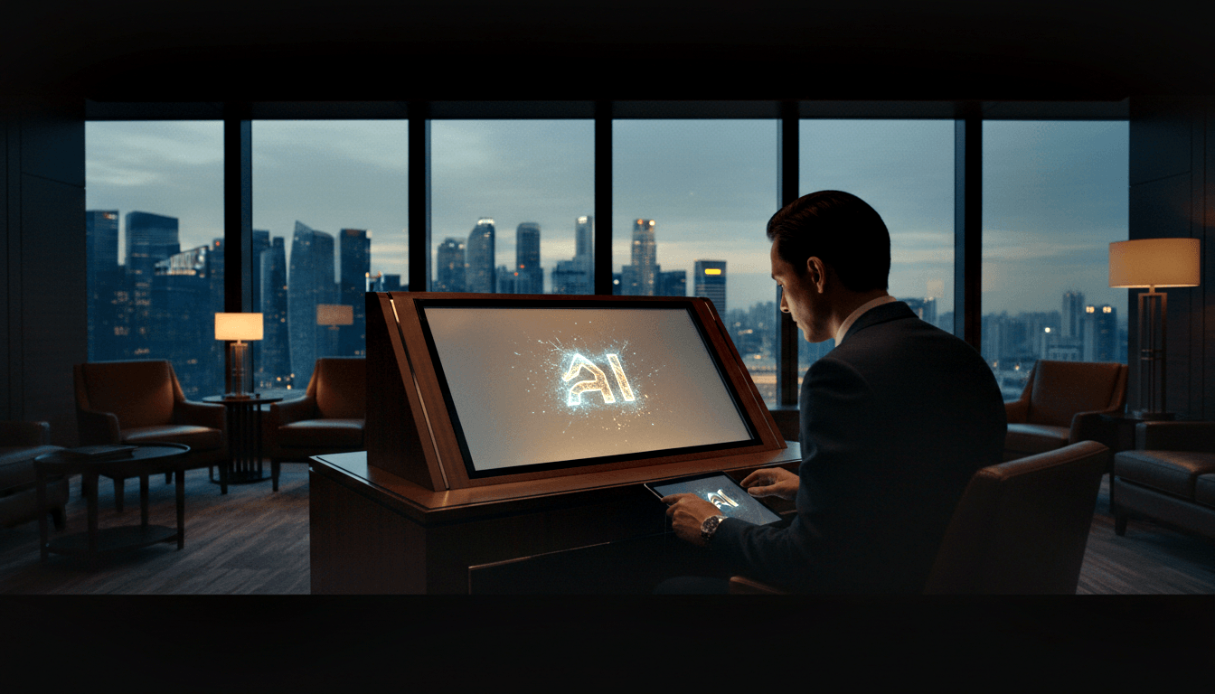 Man in dark suit at mahogany-trimmed terminal showing holographic AI graphic; dim room, leather chairs, night skyline.