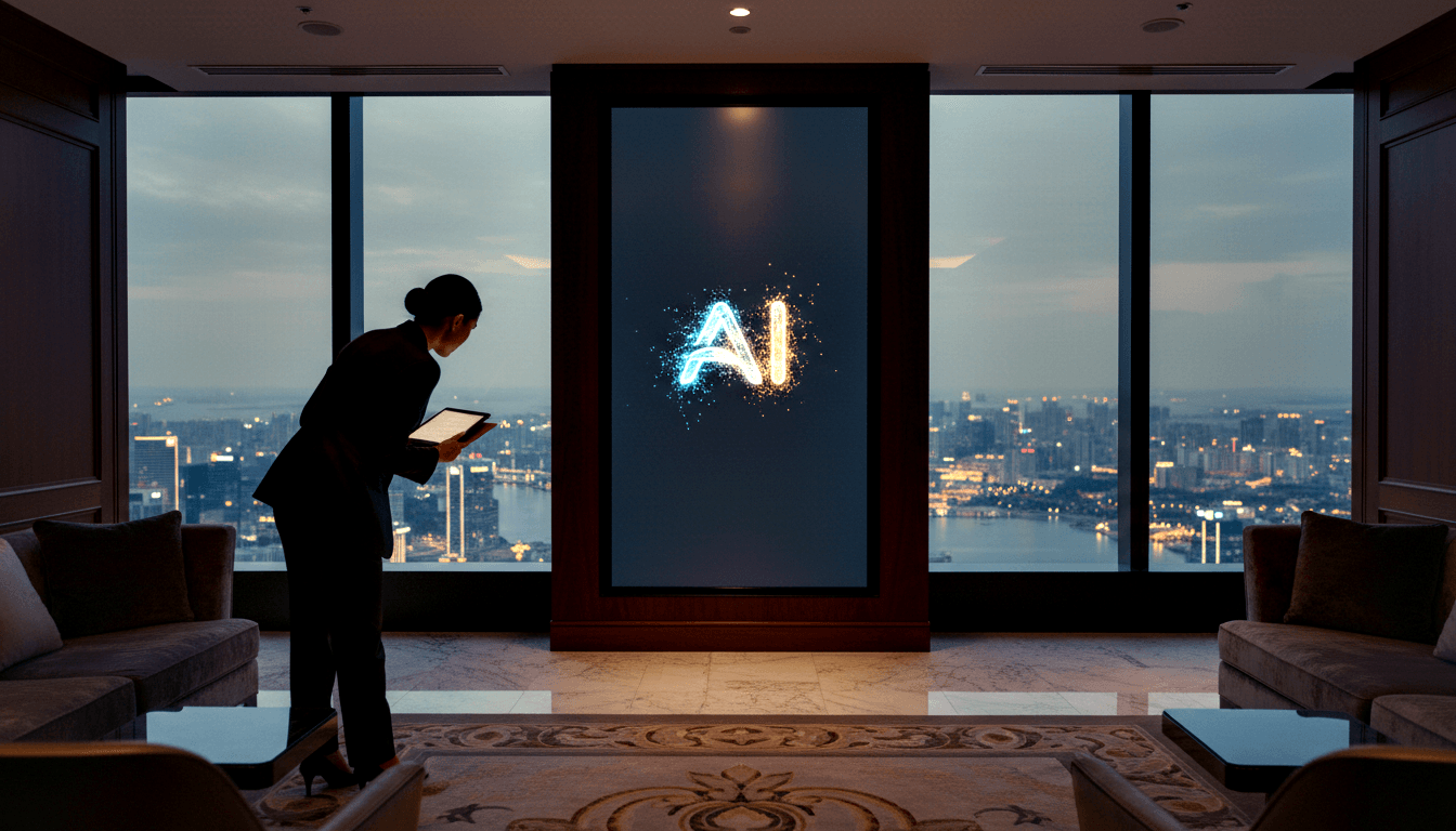 Woman in blazer bends over glowing tablet; screen behind displays 'AI' in amber-gold particles beside city-view windows.