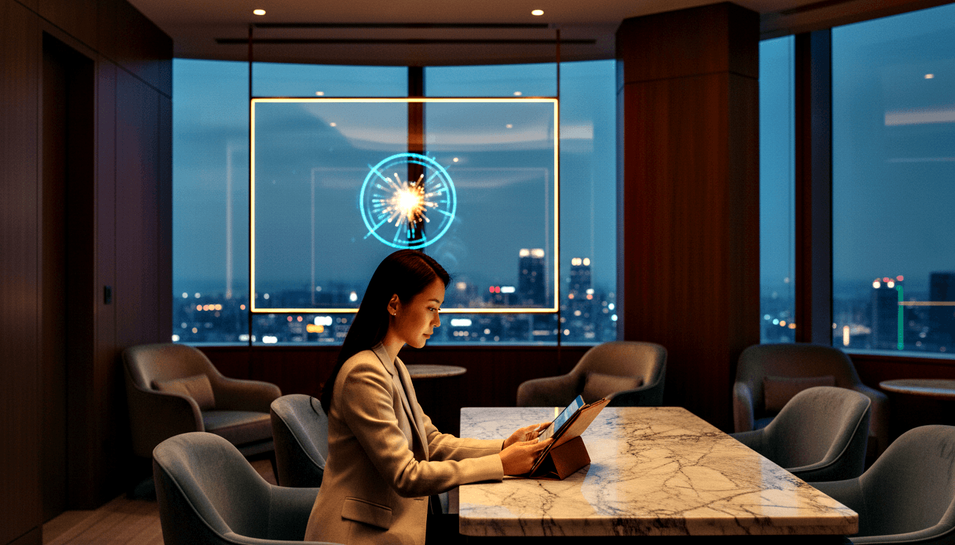 Woman in beige blazer uses tablet at marble table in dim high-rise lounge, city skyline behind floor-to-ceiling windows at night.