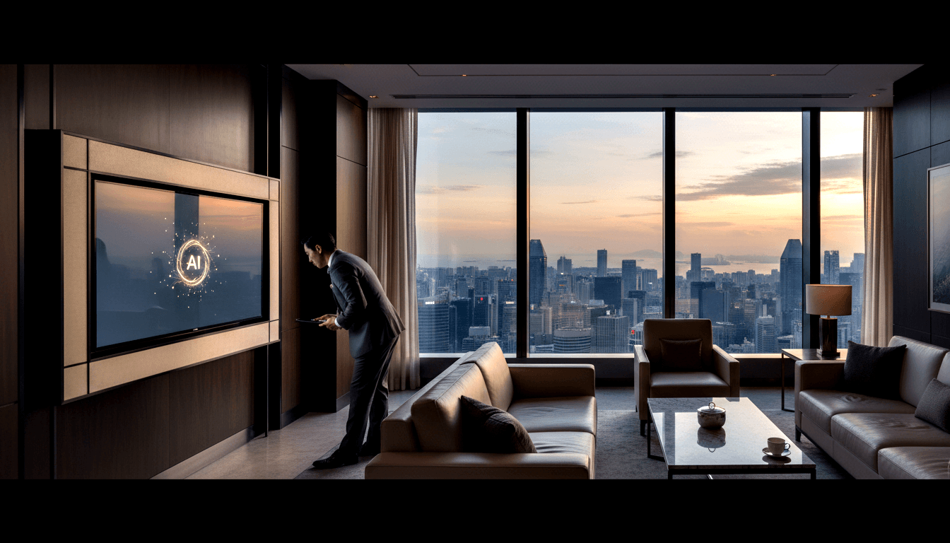 Man in dark suit leans toward wall TV showing 'AI' in glowing ring; city skyline visible through floor-to-ceiling windows at dusk.