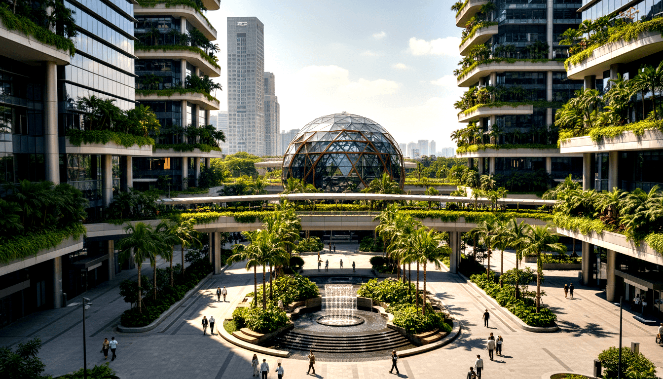 Two plant-covered towers flank a plaza with a circular fountain and large geodesic glass dome; pedestrians walk among palms on warm stone paving.
