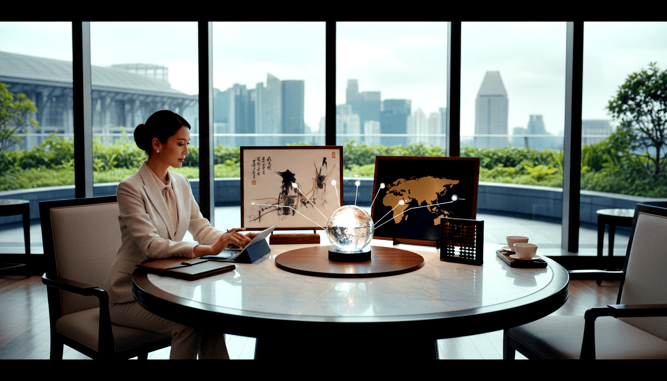 Woman in cream suit with hair in bun uses tablet at marble table holding illuminated globe, tea cups, and leather portfolio.