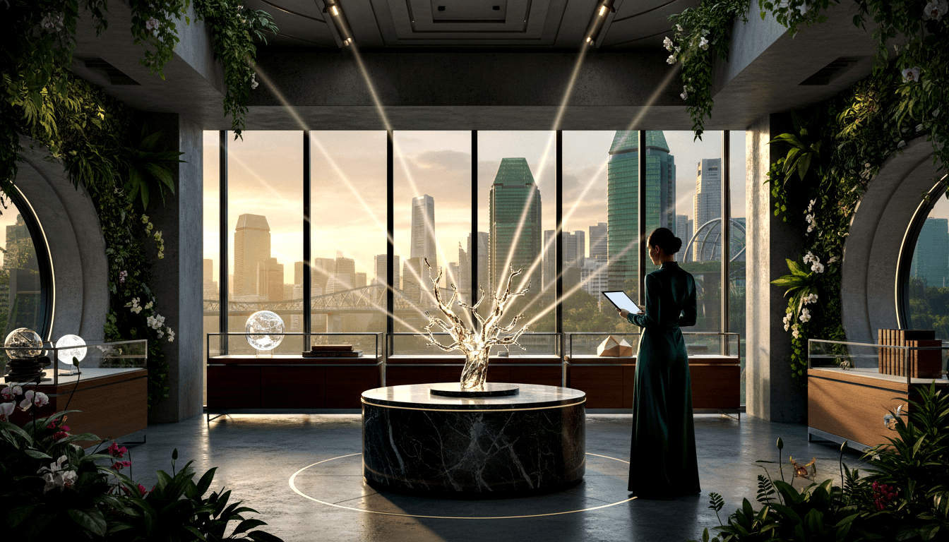 Woman in emerald dress holding tablet stands before a crystalline bare-branch tree sculpture on a black marble pedestal emitting light beams.