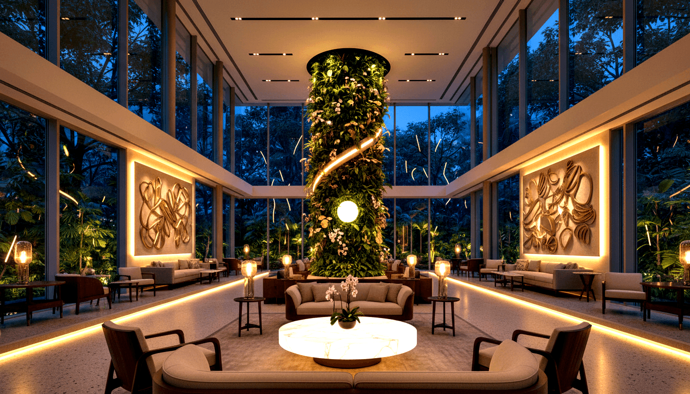Tall cylindrical living plant column with spiral metallic element and glowing orb in symmetrical lobby with cream sofas.