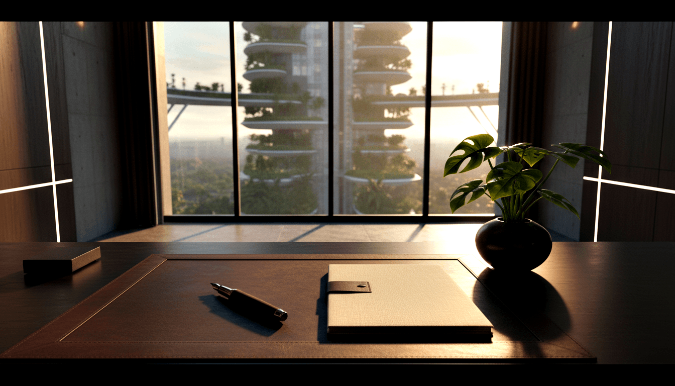 CGI executive desk with leather blotter, pen, notebook, and monstera plant; futuristic vegetated towers visible through backlit windows.
