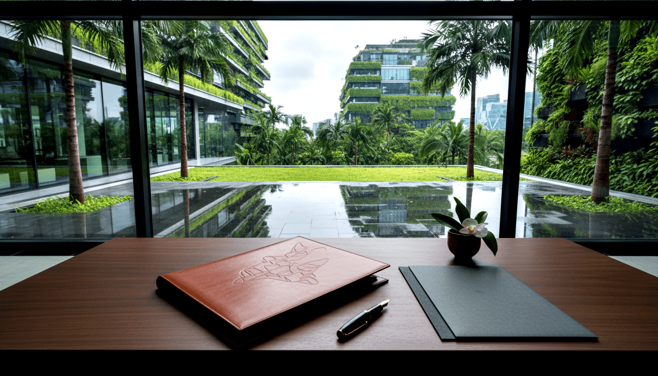Cognac leather portfolio, fountain pen, and white orchid in dark vase on walnut desk before floor-to-ceiling windows overlooking wet terrace.