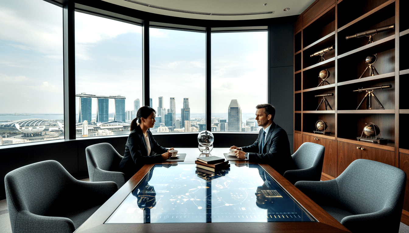 Woman in dark suit and man in navy suit sit across a conference table in a high-rise corner boardroom with panoramic waterfront views.