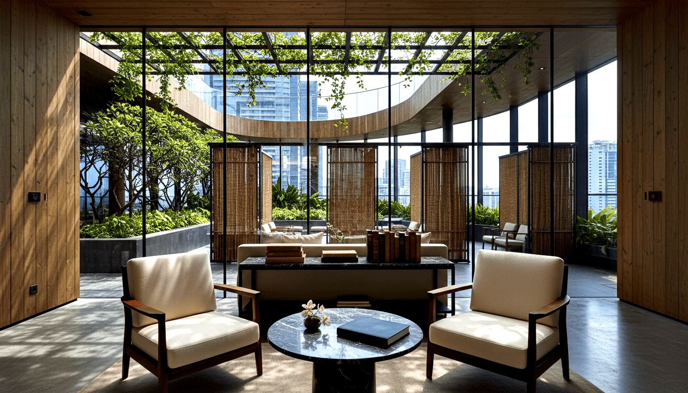 Lounge with cream armchairs and black marble table beside glass walls opening to vine-covered pergola terrace with city skyline beyond.