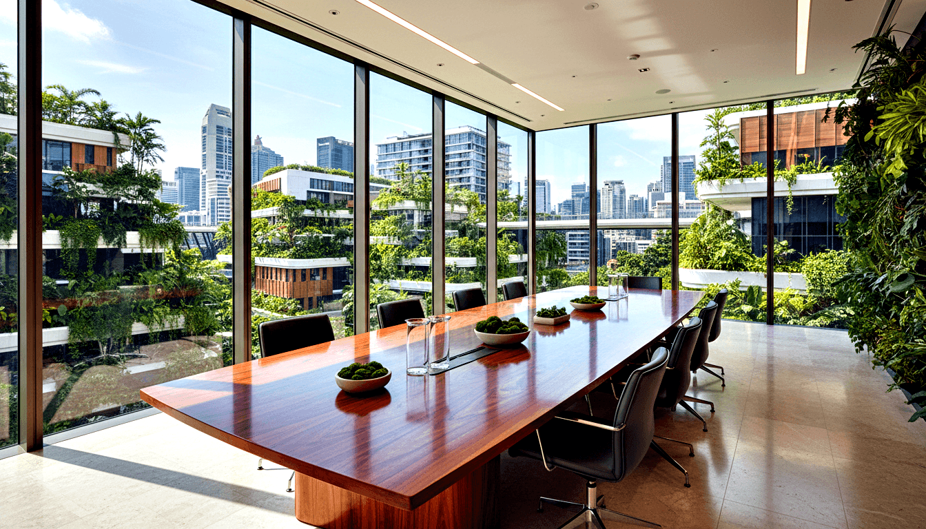 Boardroom with reddish-brown table, black leather chairs, living green wall, and windows overlooking a green-covered urban skyline.
