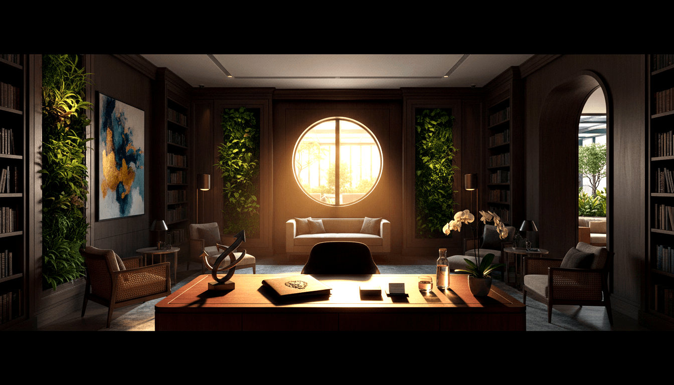 CGI executive study with reddish-brown desk, dark wood-paneled walls, floor-to-ceiling bookshelves, and lush vertical green plant walls.