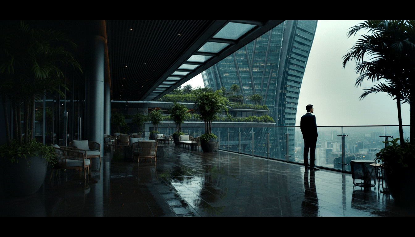 Man in dark suit stands on terrace with rattan furniture and potted palms, facing a curved glass-and-steel skyscraper with terraced greenery.