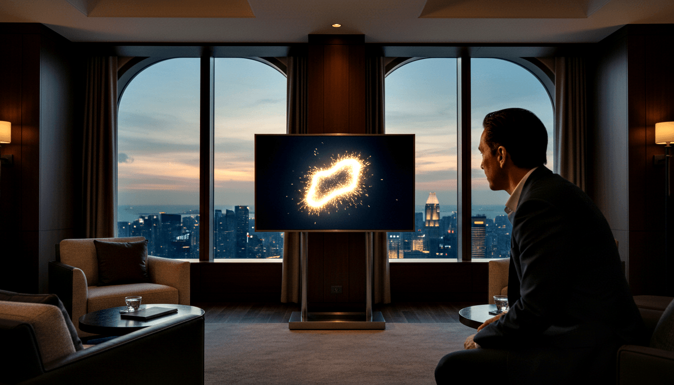 Middle-aged man in dark suit sits in profile facing a flatscreen TV showing a glowing amber oval ring with sparks, in a wood-paneled room.