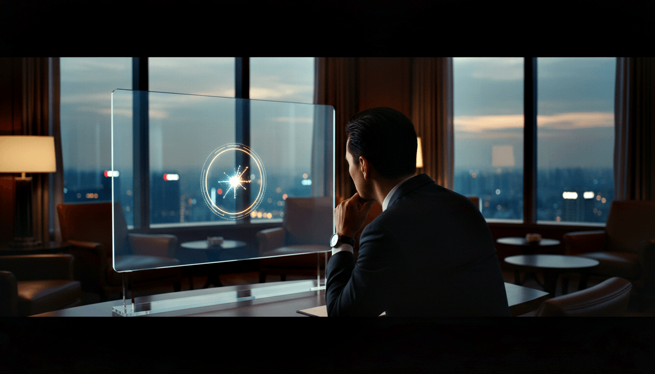 Man in dark suit at desk, back to camera, facing glowing circular holographic interface on glass; city skyline at dusk beyond.
