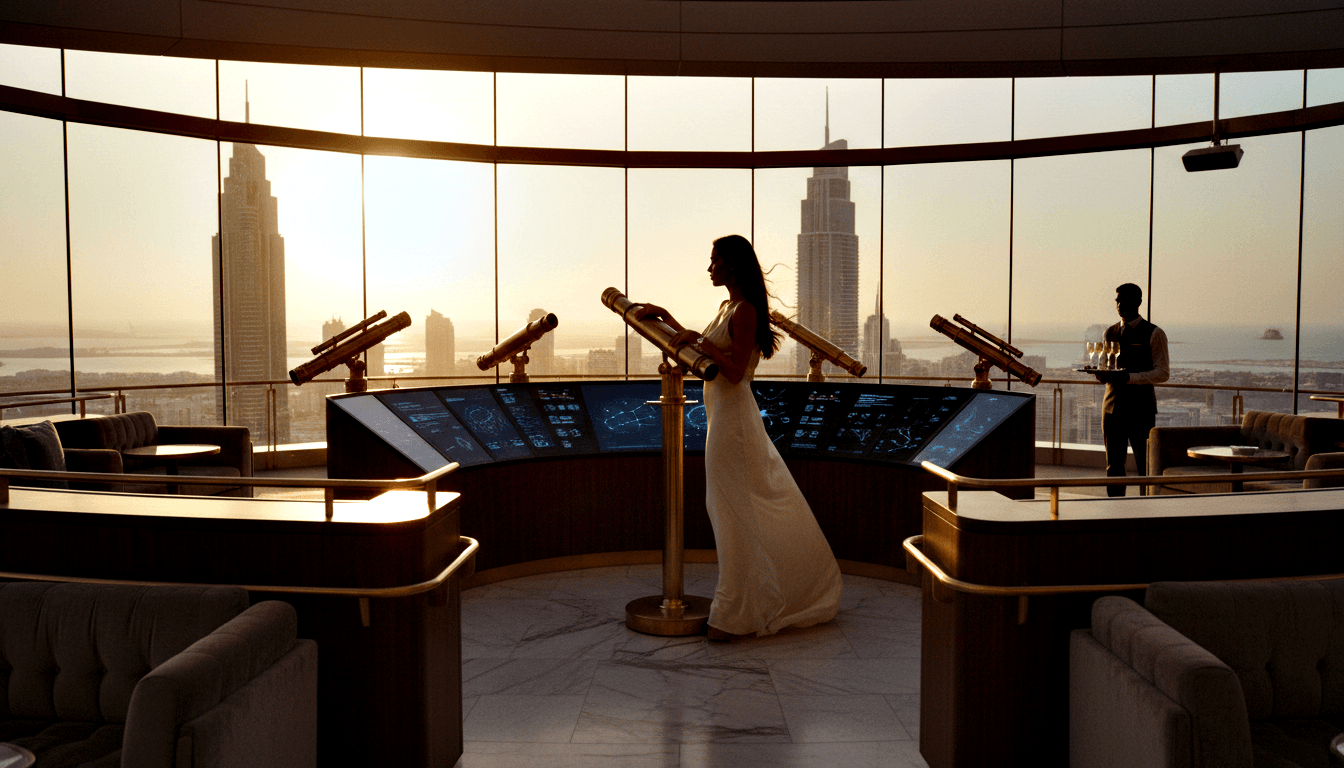 Woman in white gown at brass telescope in curved high-rise lounge with floor-to-ceiling windows and glowing sunset city skyline.
