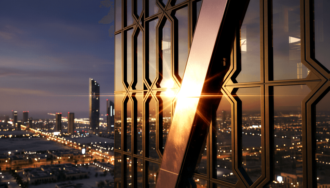 High-rise with glass behind rose-gold geometric lattice grilles; starburst lens flare where sun sits behind structure at twilight.