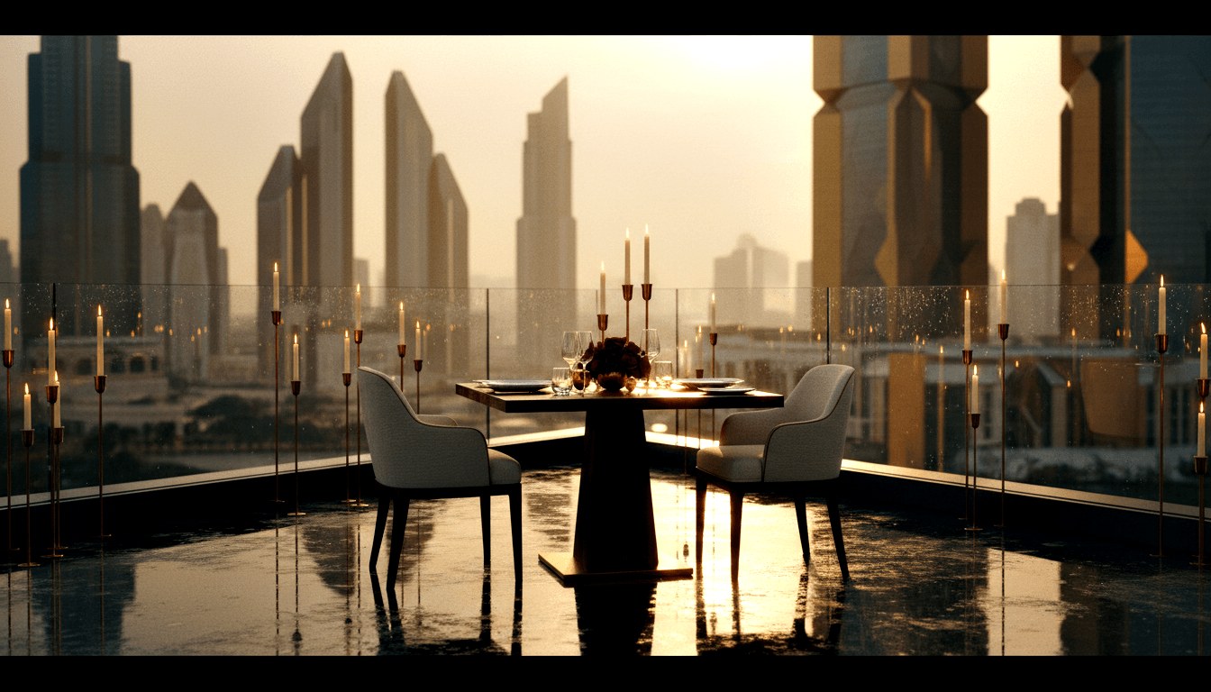 High-rise terrace dining table for two with cream armchairs, candelabras, floral centerpiece, and skyscraper skyline backdrop.