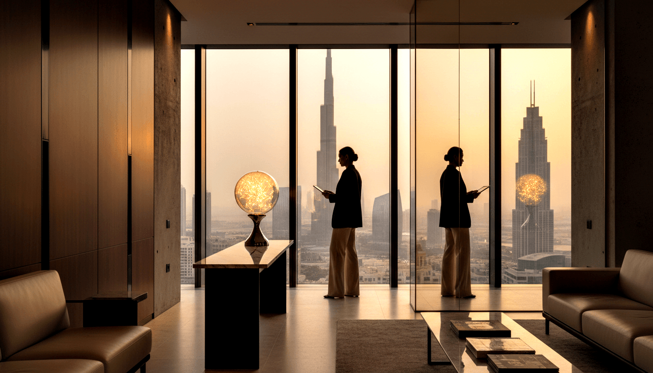 Woman in wide-leg beige trousers and dark blazer silhouetted against floor-to-ceiling windows at golden hour in a high-rise interior.