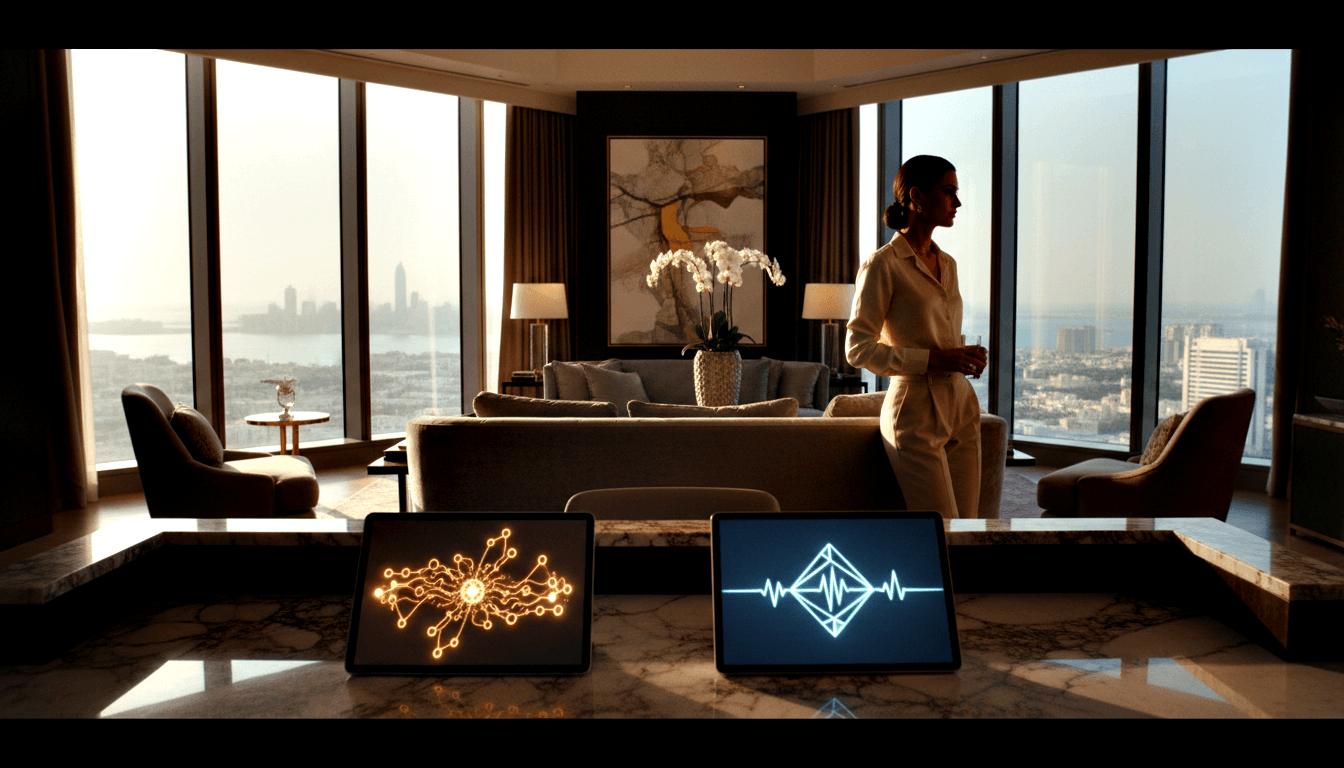 Two tablets on marble surface showing a node diagram and geometric heartbeat display; woman in cream blazer faces panoramic coastal windows.