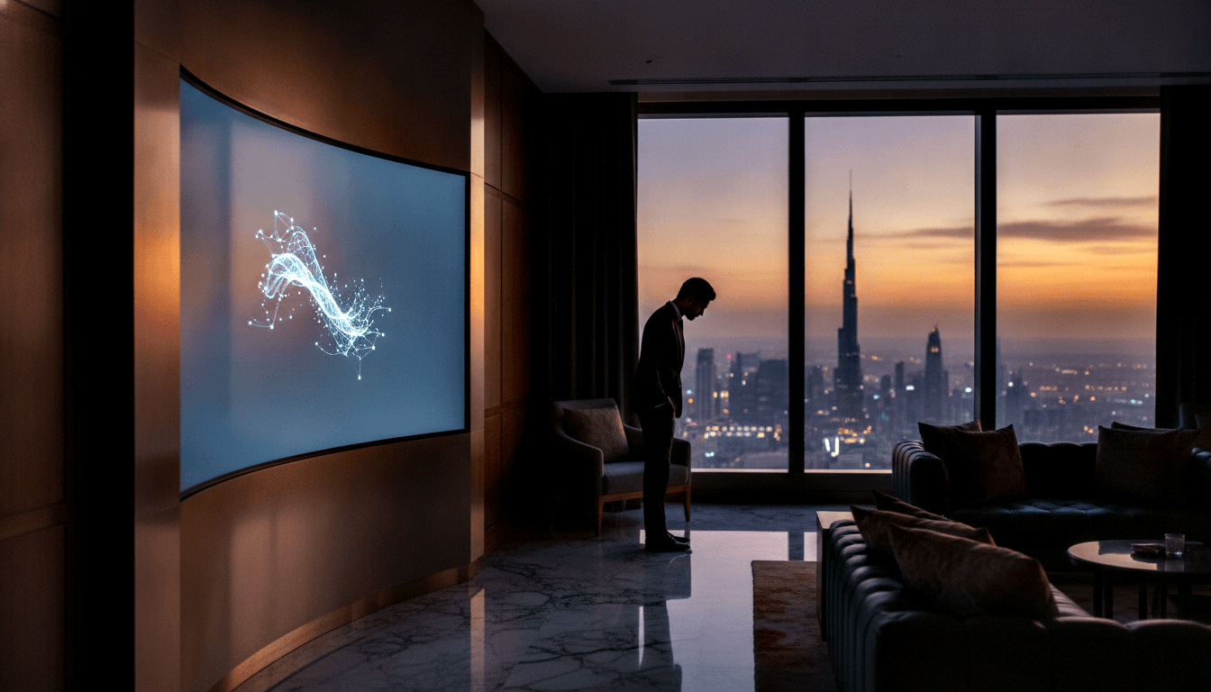 Silhouetted man, head bowed, between curved screen showing blue-white network visuals and windows with twilight city skyline.