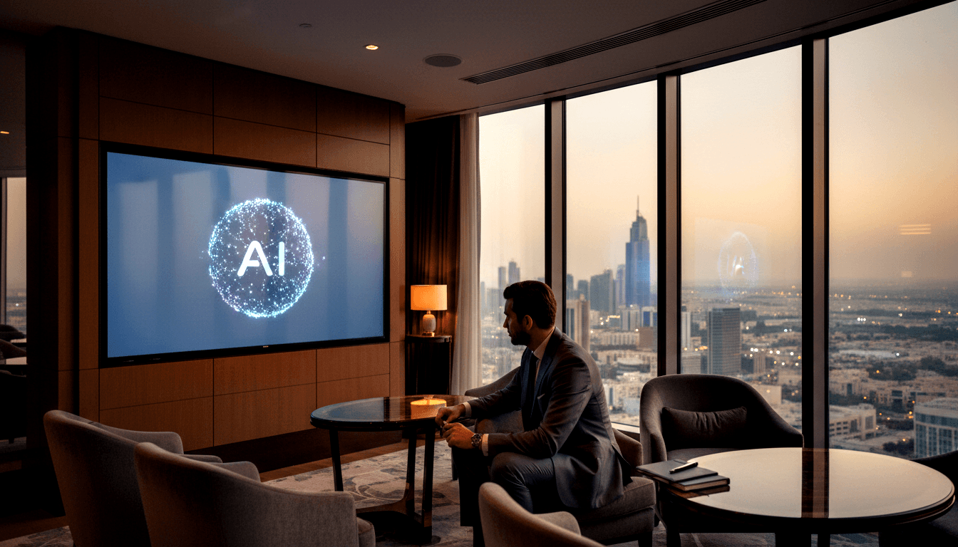 Man in dark suit faces wall-mounted screen with glowing blue AI neural-network sphere in dim lounge, city skyline at dusk.