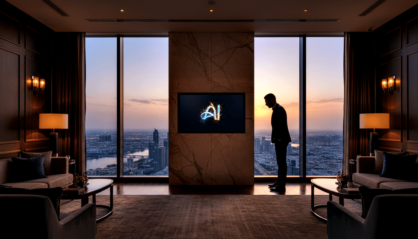 Silhouetted man in dark suit faces a wall-mounted screen displaying glowing cyan 'AI' in a symmetrical lounge with city and river at dusk.