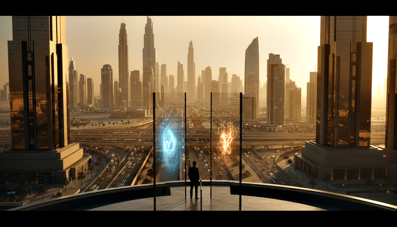 Suited figure overlooks golden-hour skyline from glass floor, flanked by blue energy anomaly and fiery orange burst.