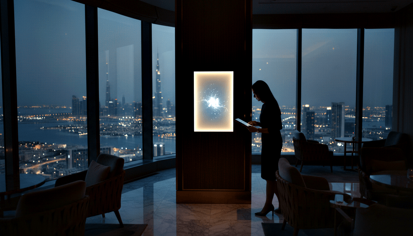 Dark-haired woman in dark outfit looks at tablet beside illuminated starburst panel, nighttime city skyline behind her.
