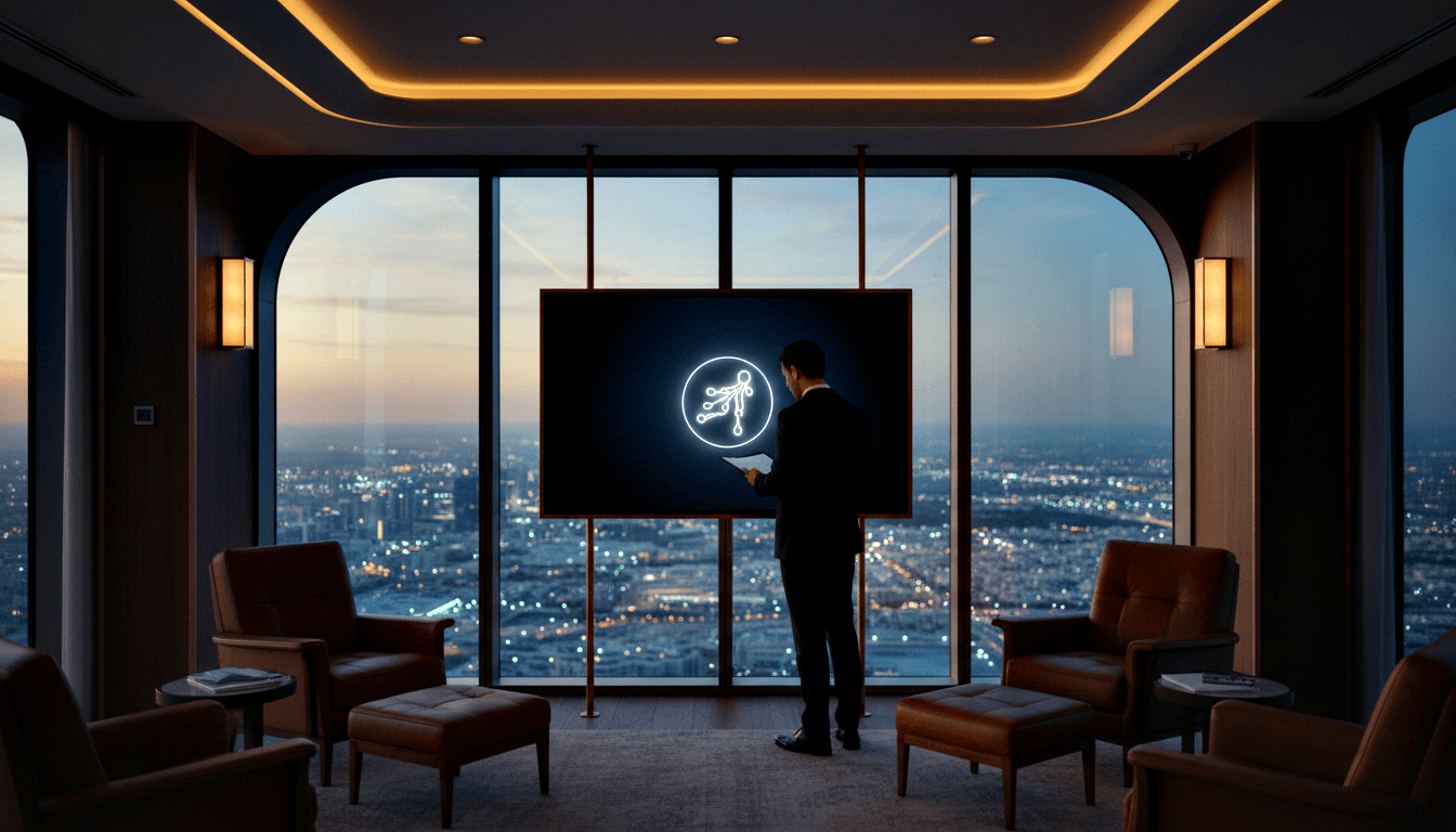 Man in dark suit facing a floor-standing display showing a glowing circular network icon in a navy room with city skyline views.