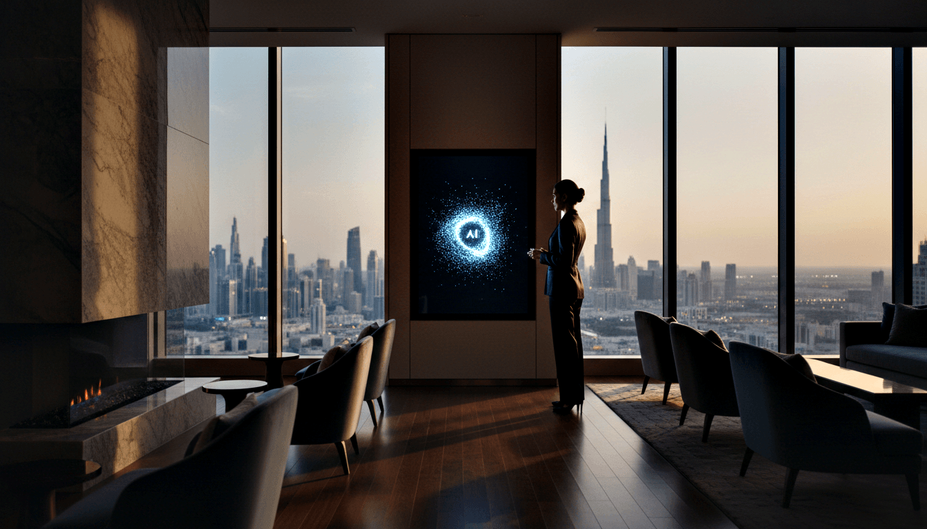 Person in dark suit facing a wall-mounted screen showing a glowing blue circular AI graphic, with a fireplace and amber dusk skyline visible.