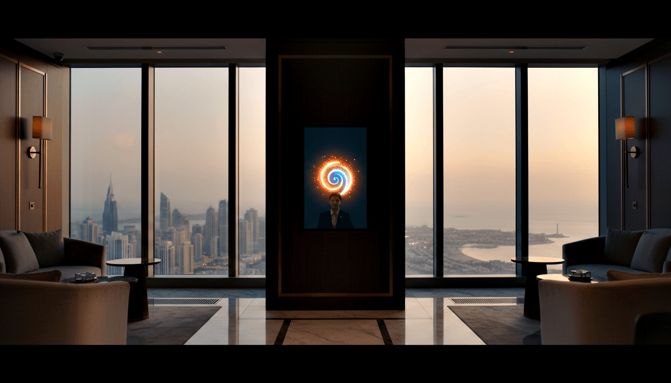 Vertical screen with orange-blue spiral vortex on dark panel, amber sconces, floor-to-ceiling windows, coastal dusk skyline.