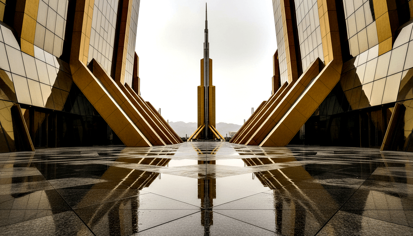 Two gold-toned angular buildings with geometric fins flanking a reflective dark-tiled plaza, with a tall spire centered against an overcast sky.
