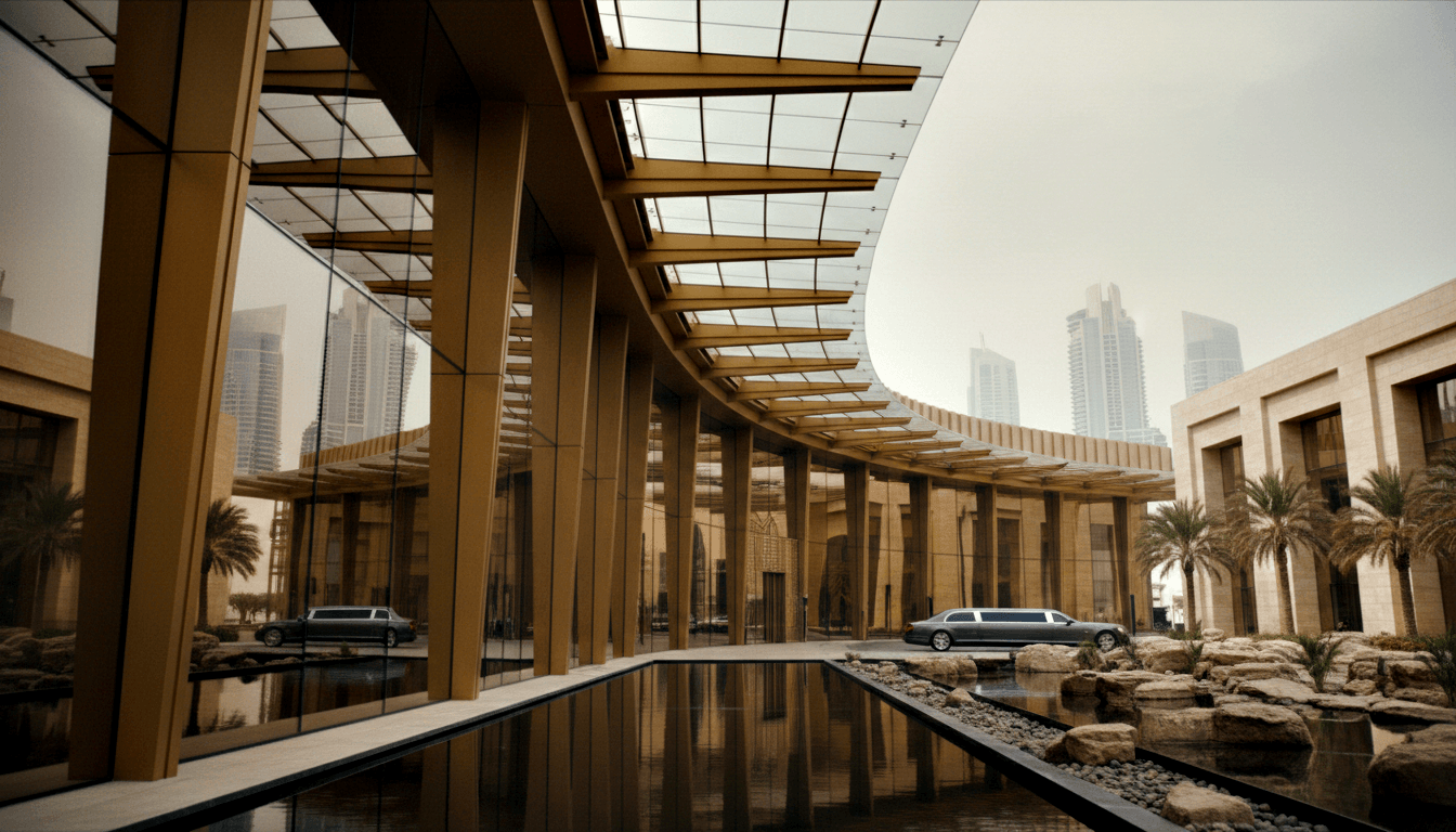 Contemporary entrance with curved gold columns, glass canopy, dark reflecting pool, parked vehicles, palms, sandstone towers behind.
