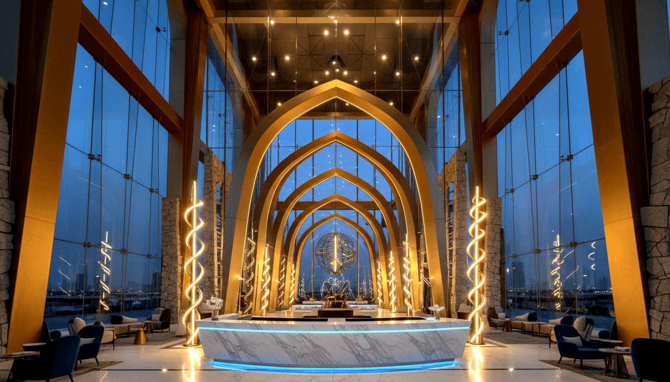 Gold pointed arches recede toward metallic globe sculpture; curved white marble desk with blue LED underlighting, twilight cityscape beyond.