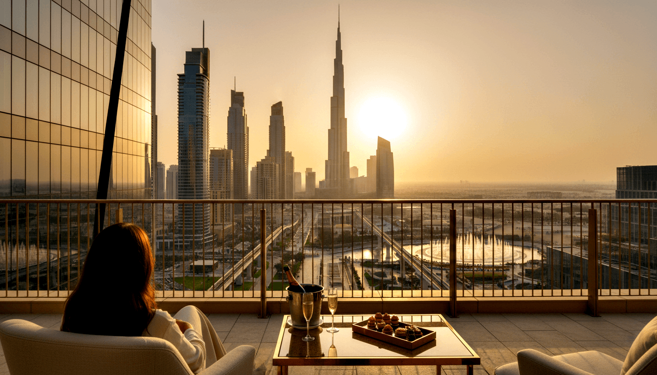 Woman in cream clothing sits on high-rise balcony facing urban skyline at golden hour, with champagne and flutes on foreground glass table.