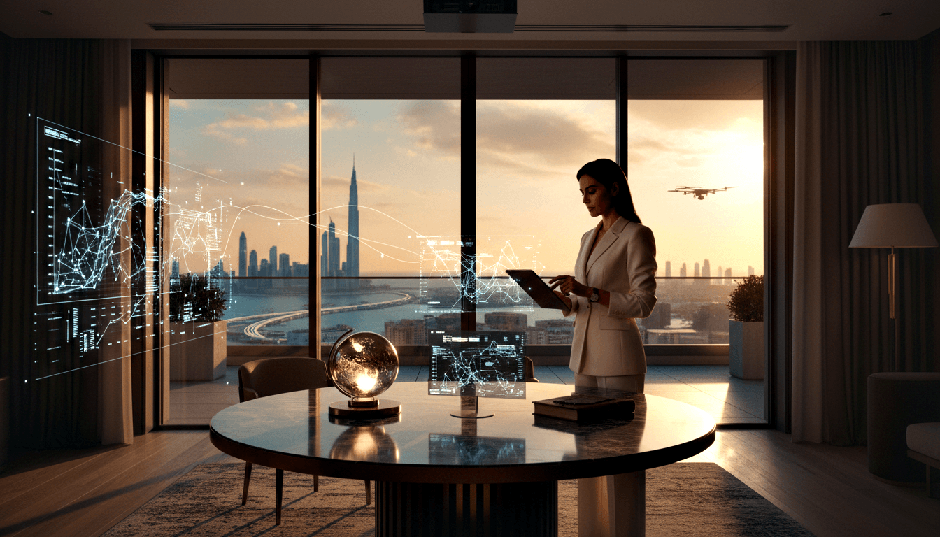 Woman in white blazer holds tablet while cyan holographic network graphs and data charts float around her near floor-to-ceiling windows.
