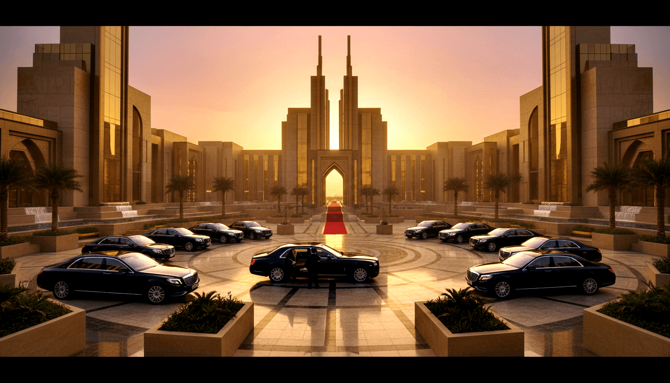 Black luxury sedans in semicircle on reflective paving, red carpet leading to ornate arched gateway flanked by spires and palms.