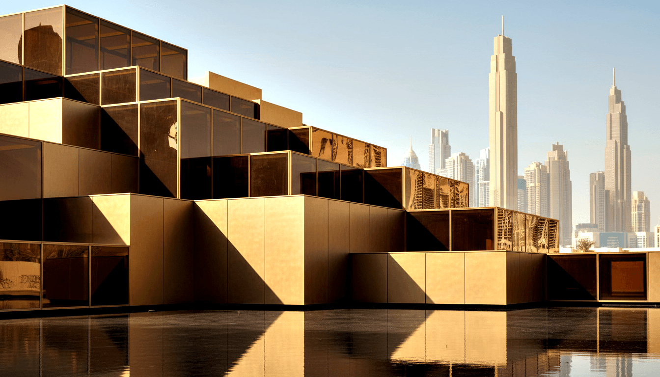 Modern stacked cubic building with bronze glass and sandy cladding reflected in water; dense urban skyline with supertall at right.
