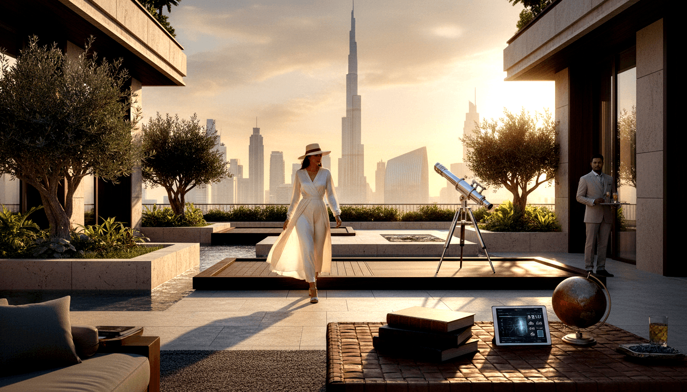 Woman in white wrap dress and cream wide-brim hat walks across a rooftop terrace; man in beige suit holds a tray at far right, skyline behind.