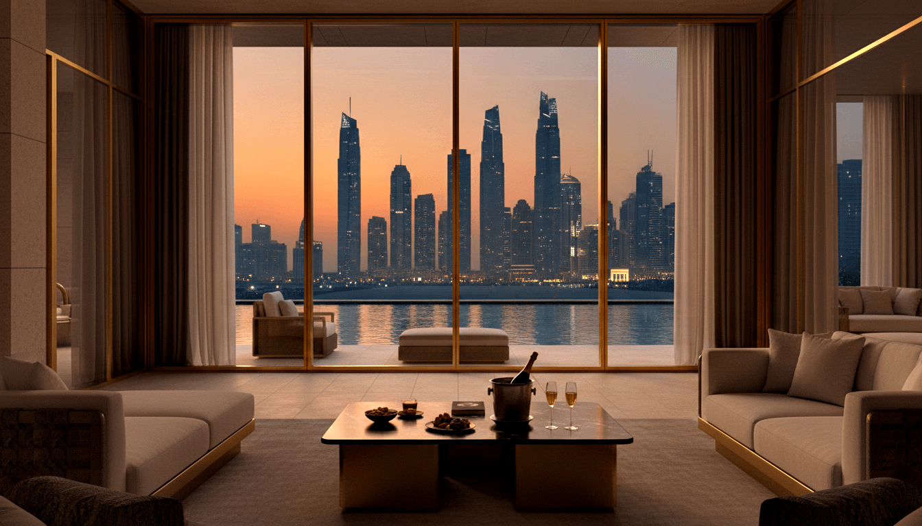 Two cream sofas flank a gold-trimmed coffee table with champagne and flutes; glass doors open to a terrace overlooking a skyline at dusk.