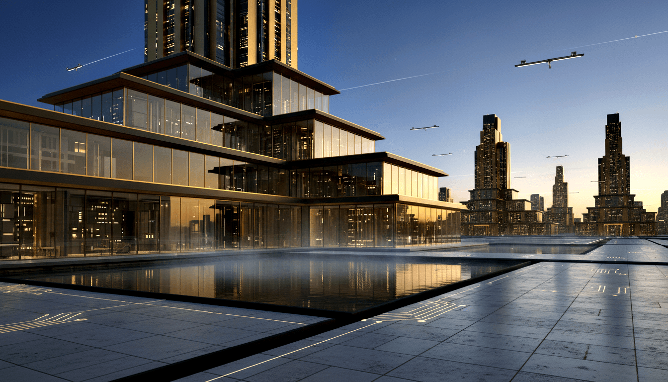 CGI skyscraper with banded overhanging floors above a plaza with circuit-board light patterns in water, at dusk with drone silhouettes.