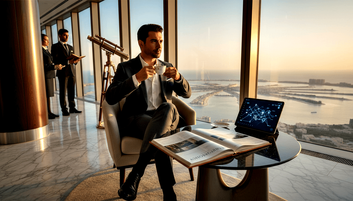 Man in charcoal suit sits in cream chair with cup, gazing at floor-to-ceiling windows showing coastal cityscape at golden hour.