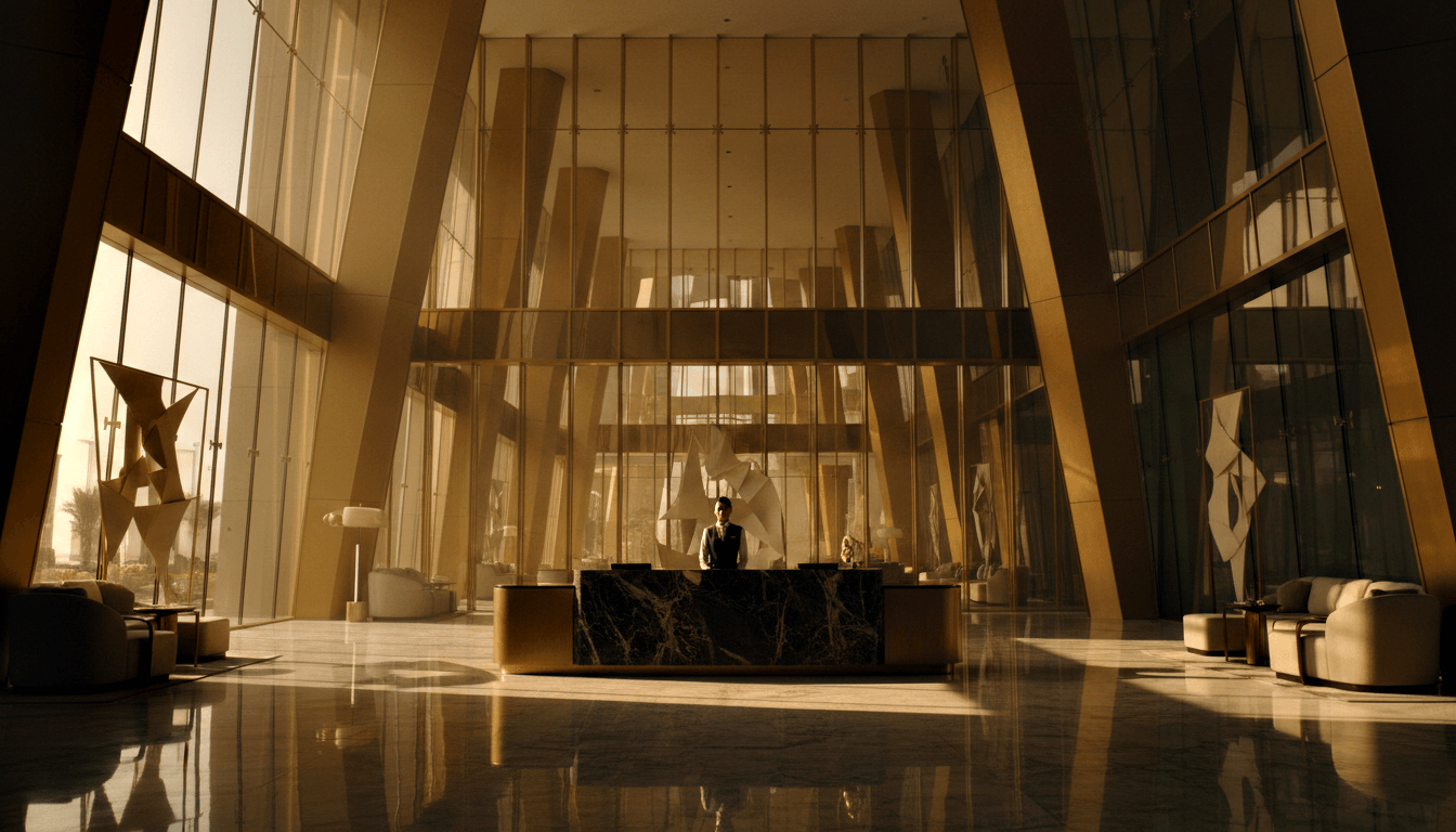CGI atrium lobby with gold angled columns, polished cream marble floors, glass walls, and a curved dark marble-and-gold reception desk.