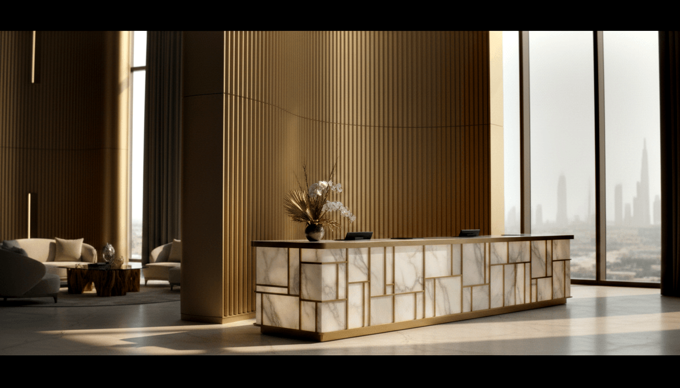 Empty reception desk with marble and onyx panels in brushed gold geometric grid frames, flanked by tall ribbed champagne-tone wall panels.