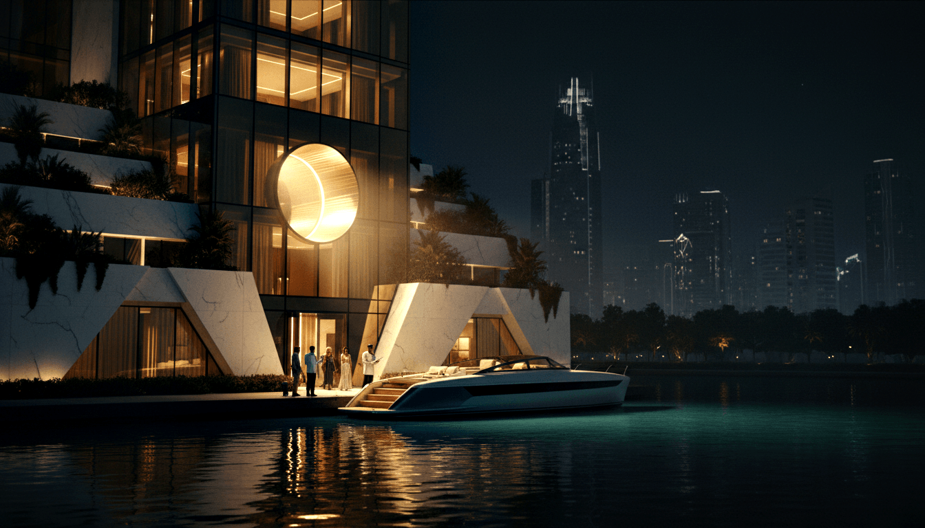 CGI night render: waterfront high-rise, white marble, terraced greenery, amber disc facade, yacht at dock, city skyline reflected.