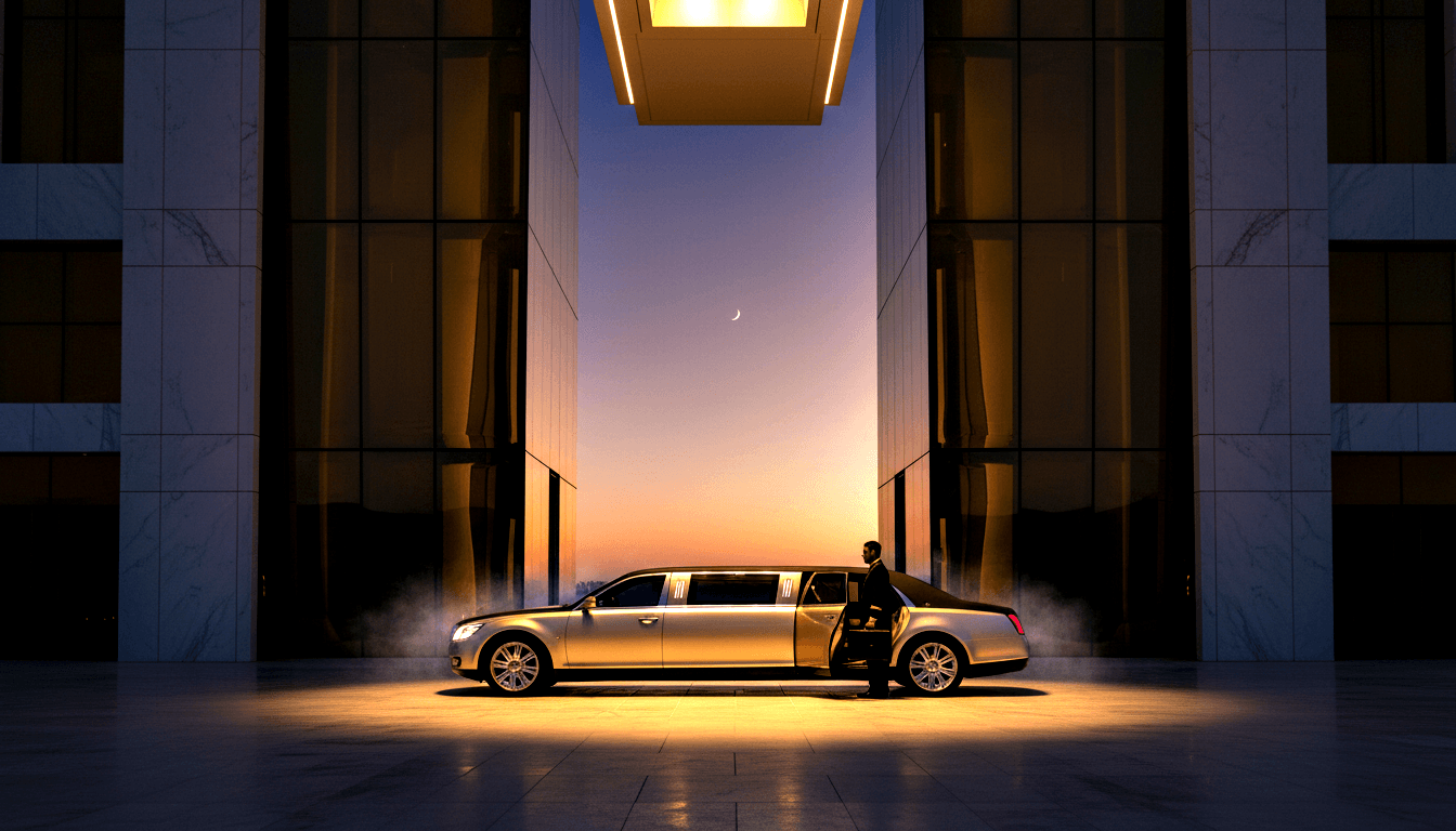 Silver-champagne stretch limousine with rear door open, flanked by two marble columns under amber twilight sky with crescent moon.