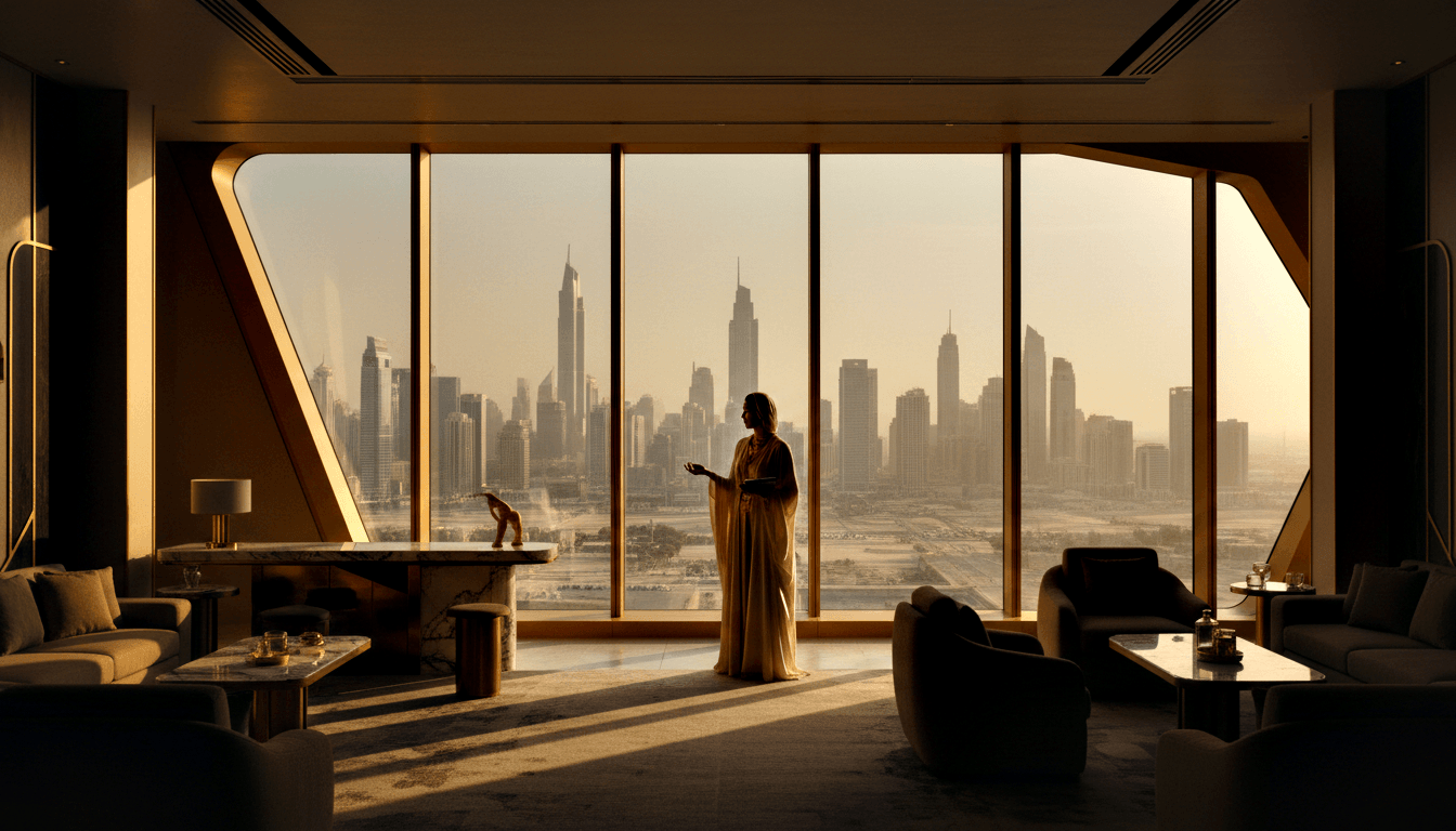 Woman in cream and gold garment stands backlit before gold-framed floor-to-ceiling windows showing a hazy urban skyline at golden hour.