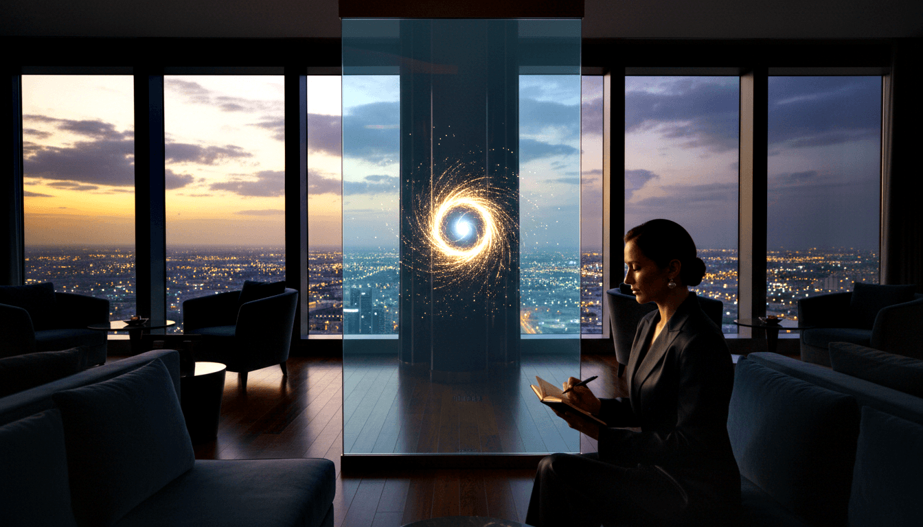 Dark-haired woman in charcoal suit writes in notebook in dim high-rise lounge with twilight cityscape and glowing golden spiral vortex.