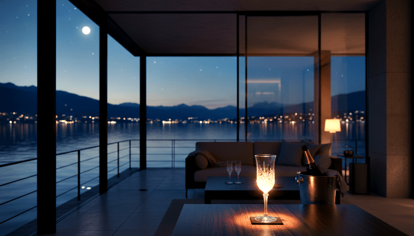 CGI night scene: glowing champagne flute by ice bucket on wooden table, full moon and calm water beyond floor-to-ceiling glass.
