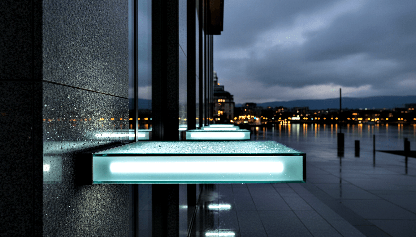 Backlit glass panels on dark stone wall along wet waterfront promenade at dusk, reflecting cyan light; calm water mirrors amber city lights.